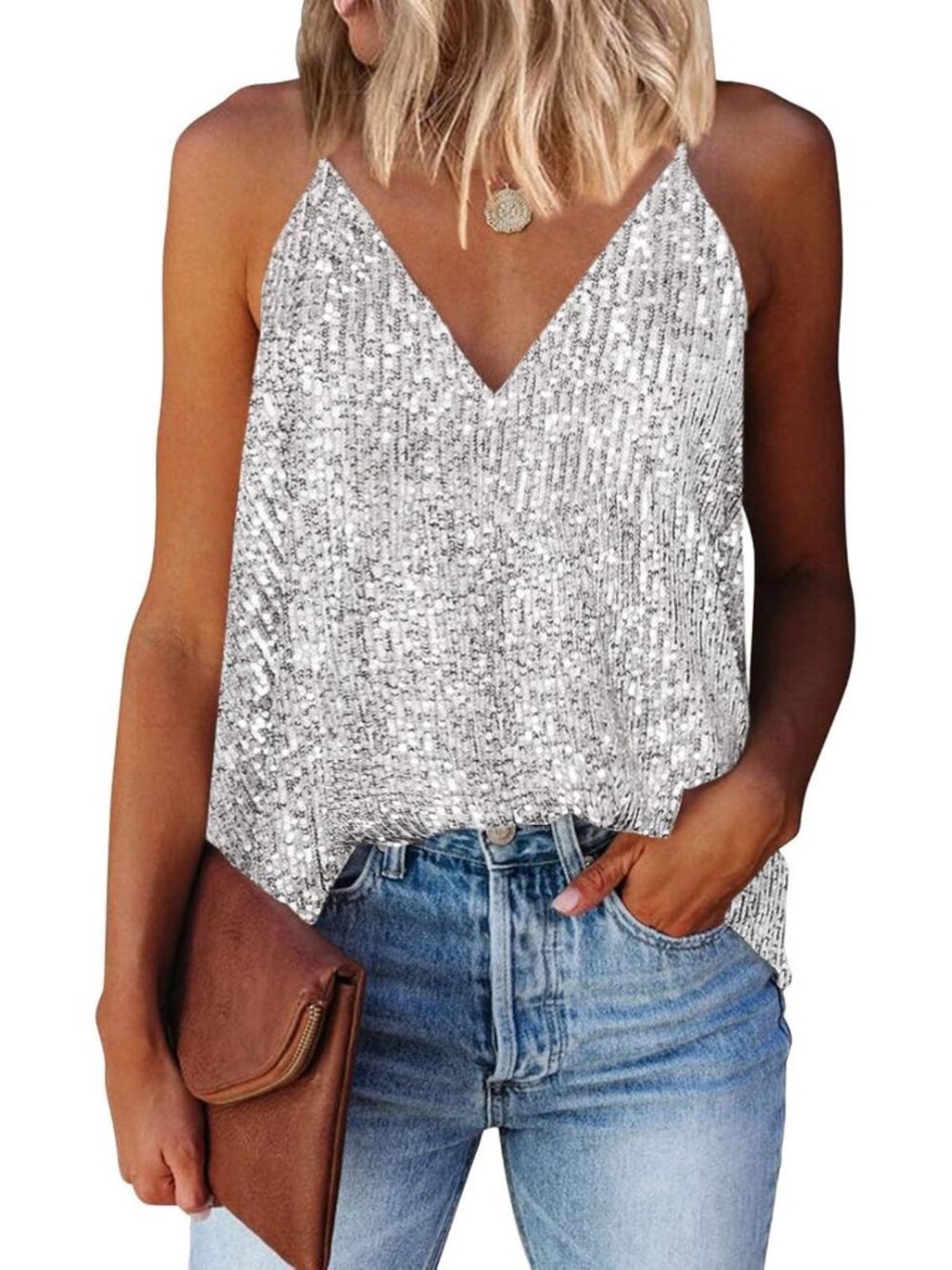 Sparkly Sequin V-Neck Tank Top for Women - Summer Shine Sleeveless Shirt